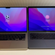 A photo of the MacBook Air with M2's screen (left) next to the Air with M1's screen (right)